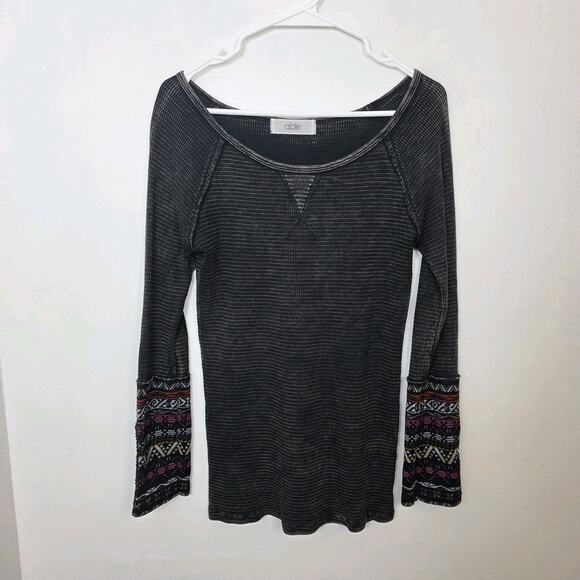Able Tops - Able Black Thermal Aztec Multicolor Cuff Grunge Casual Sweater Shirt Size Medium